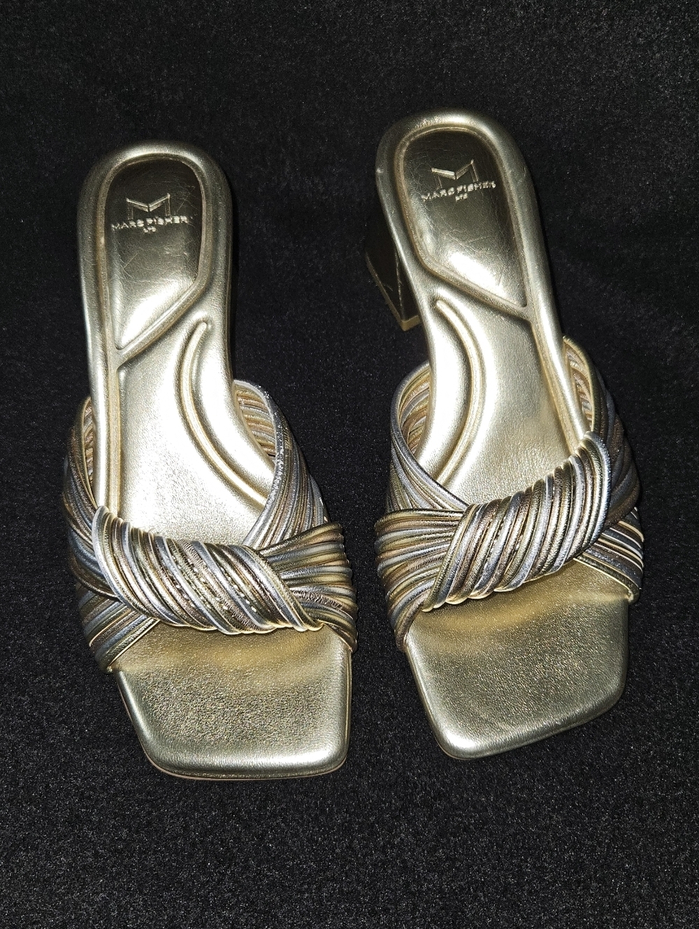 Marc Fisher LTD Cherri Metallic Gold Knot Mules/Slide Sandals Block Heels-Size 7